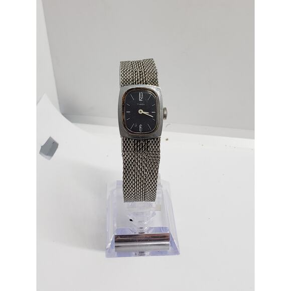 Women\'s Timex dress watch. Black square face with silver bevel. Decorative band main image 4